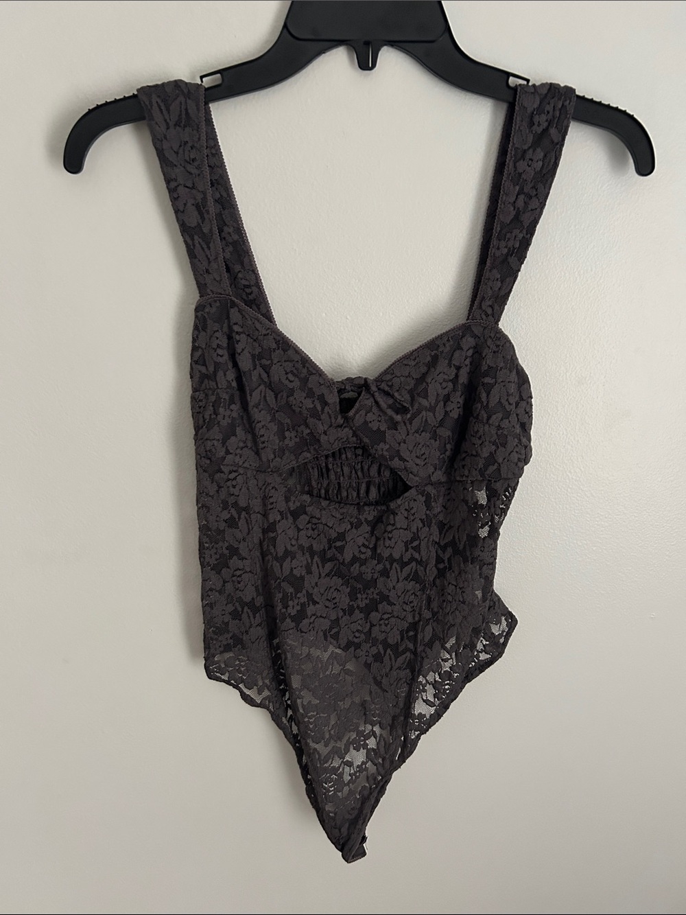 Free People Charcoal Lace Tie-Front Square-Neck Bodysuit Strike A Pose Size M - Picture 6 of 11